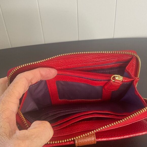 Red Hat Ladies Society Pebbled Leather Wallet Red Zip Around Purple Interior - Picture 8 of 9
